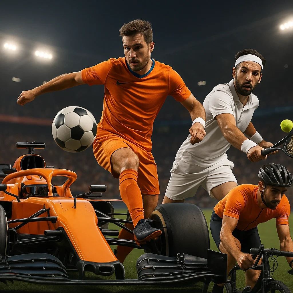 Een voetbalspeler, tennisser, wielrenner en Formule 1-wagen samen in actie, symbool voor populaire sportstreams via IPTV in Nederland.